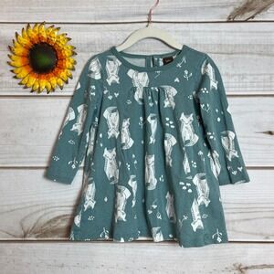 Tea Collection Baby Girl Dress 18-24 Mos Teal Fox Print Long Sleeve